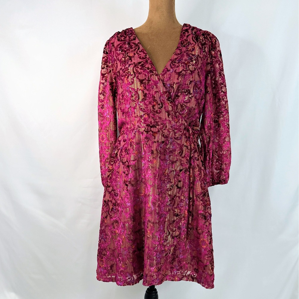 LOFT Wrap Dress Womens 6 Magenta New Metallic Burnout‎ Velvet Damask Long Sleeve